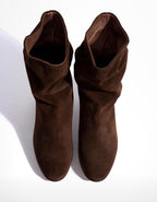 Pair of Anonymous Copenhagen Lully 55 chocolate suede boots from above showing the leather lining