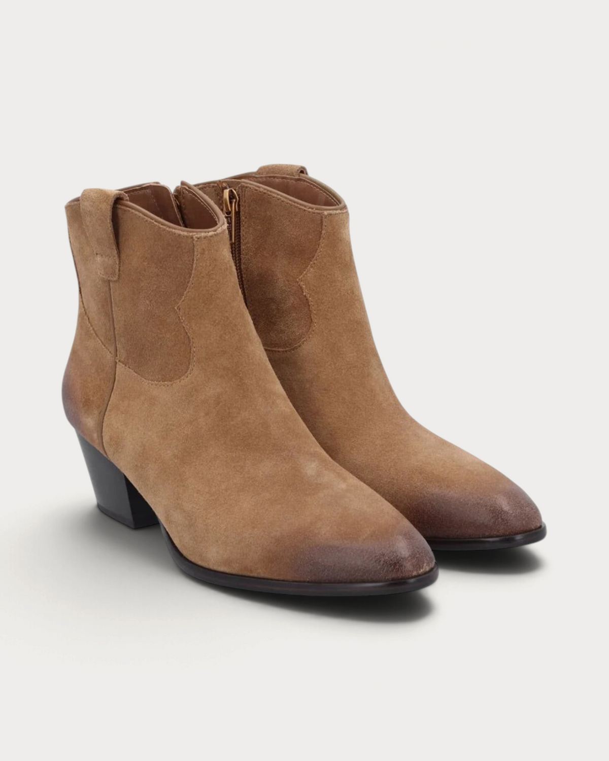 Amari Shoes & Fashion Cork Ash Fame mid heel western boots in distressed beige leather with a side zip closure.