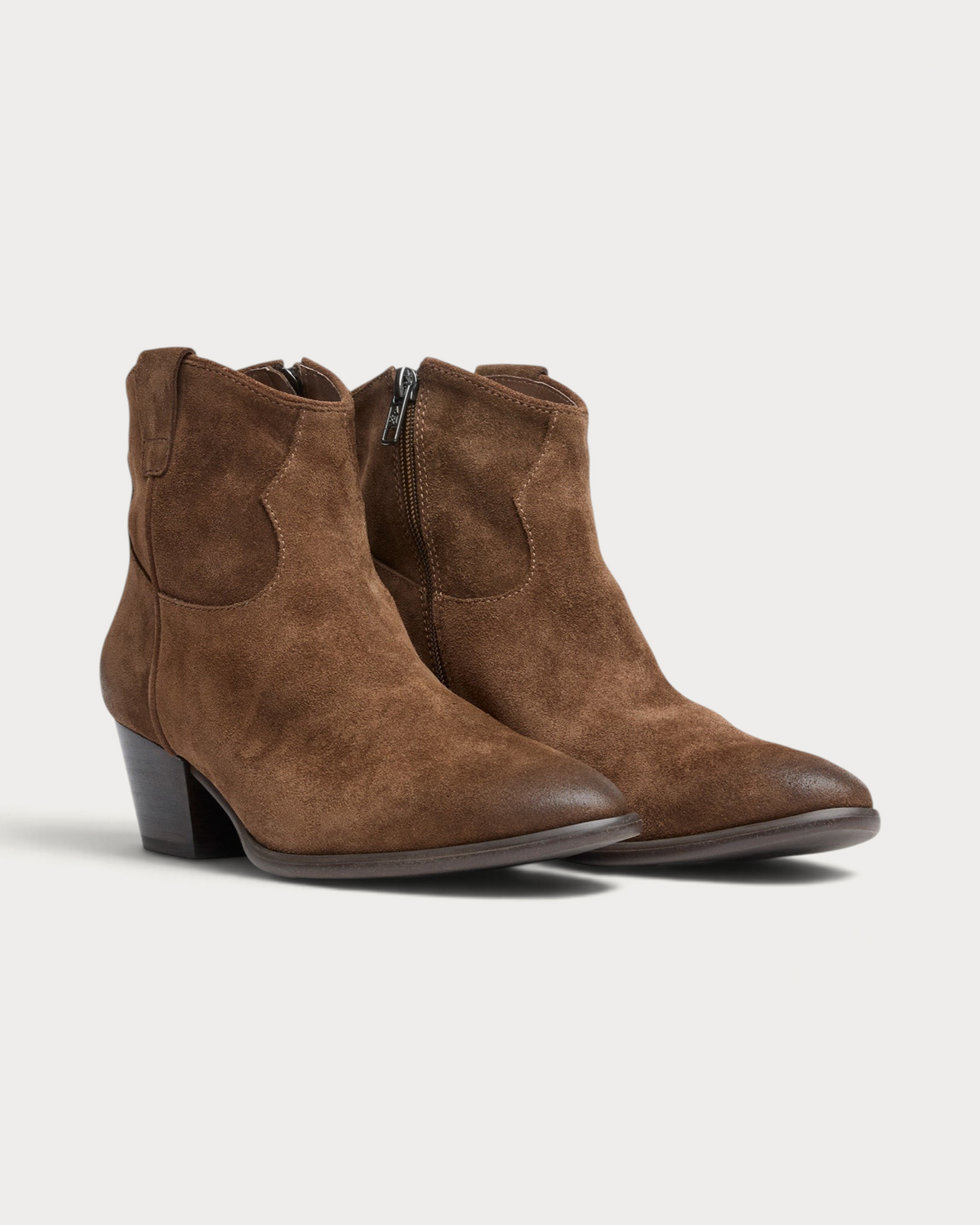 Amari Shoes & Fashion Cork Ash Fame mid heel western boots in distressed mink brown leather with side zip closure.