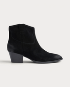 Amari Shoes & Fashion Cork Ash Fame black suede western-style mid-heel ankle boots with a side zip closure.
