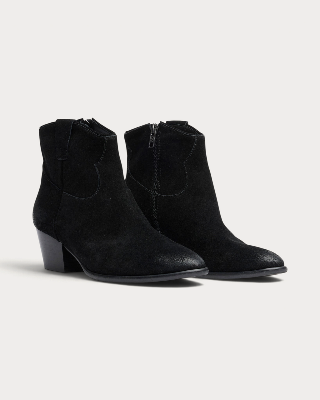 Amari Shoes & Fashion Cork Ash Fame black suede western mid heel boots with side zip closure