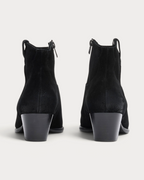 Amari Shoes & Fashion Cork Ash Fame black suede western mid heel boots viewed from the back with side zip detail