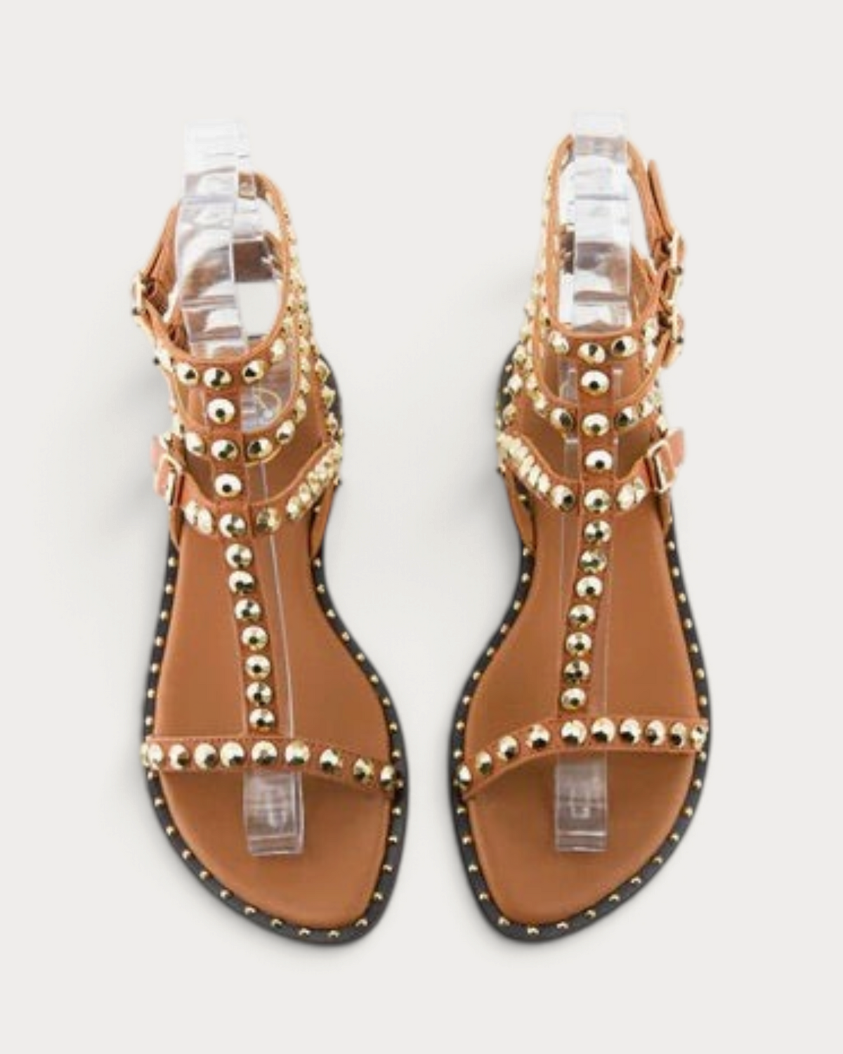 Amari Shoes & Fashion Cork cinnamon gladiator sandals with gold stud embellishments and adjustable ankle straps