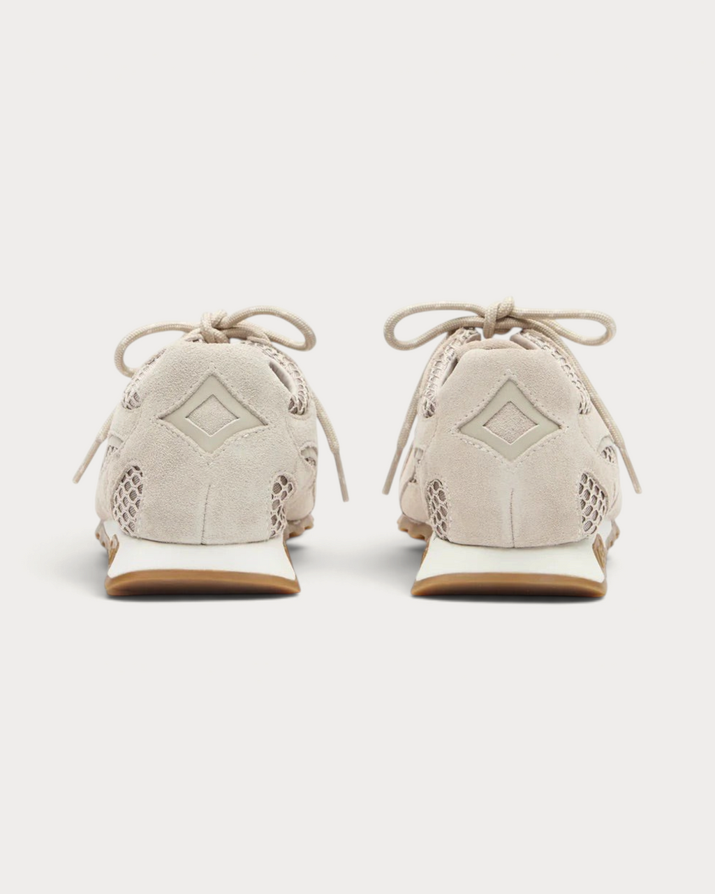 Back view of Amari Shoes & Fashion Cork Kasar beige suede and mesh sneakers with white midsoles and gum outsoles