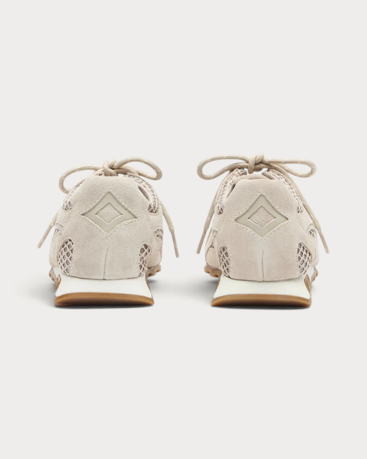Back view of Amari Shoes & Fashion Cork Kasar beige suede and mesh sneakers with white midsoles and gum outsoles