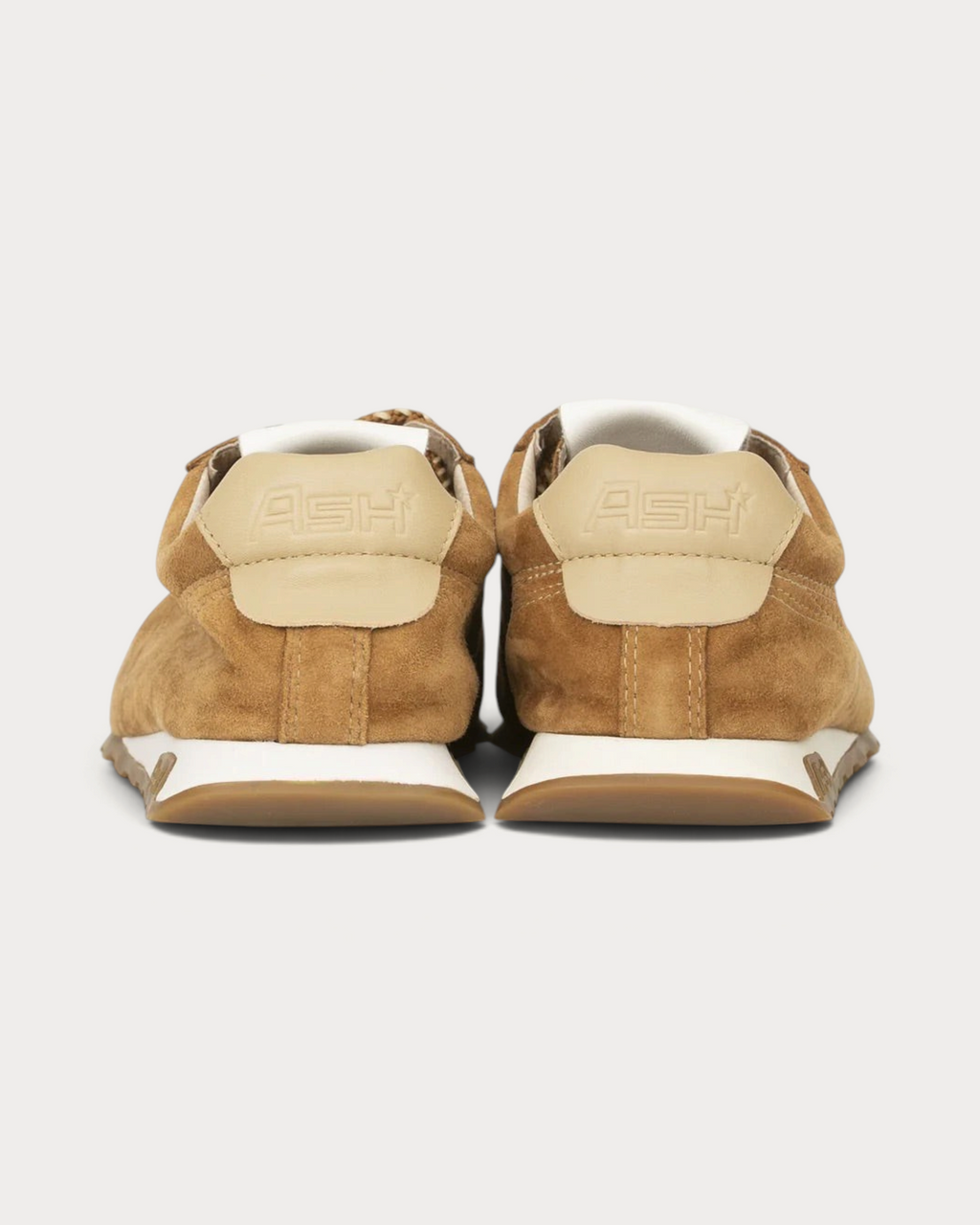 Rear view of Amari Shoes & Fashion Cork Kill Bill cognac suede sneakers with beige heel tabs and white midsoles