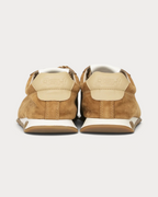 Rear view of Amari Shoes & Fashion Cork Kill Bill cognac suede sneakers with beige heel tabs and white midsoles