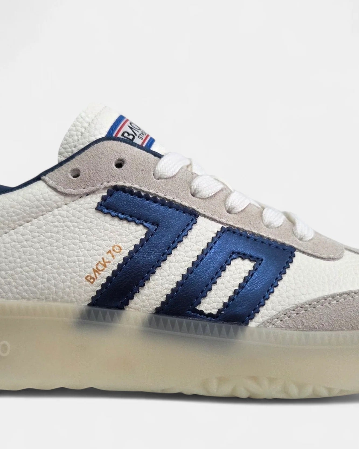 BACK70 Boston Ice White and Metallic Blue Sneaker, close-up detail