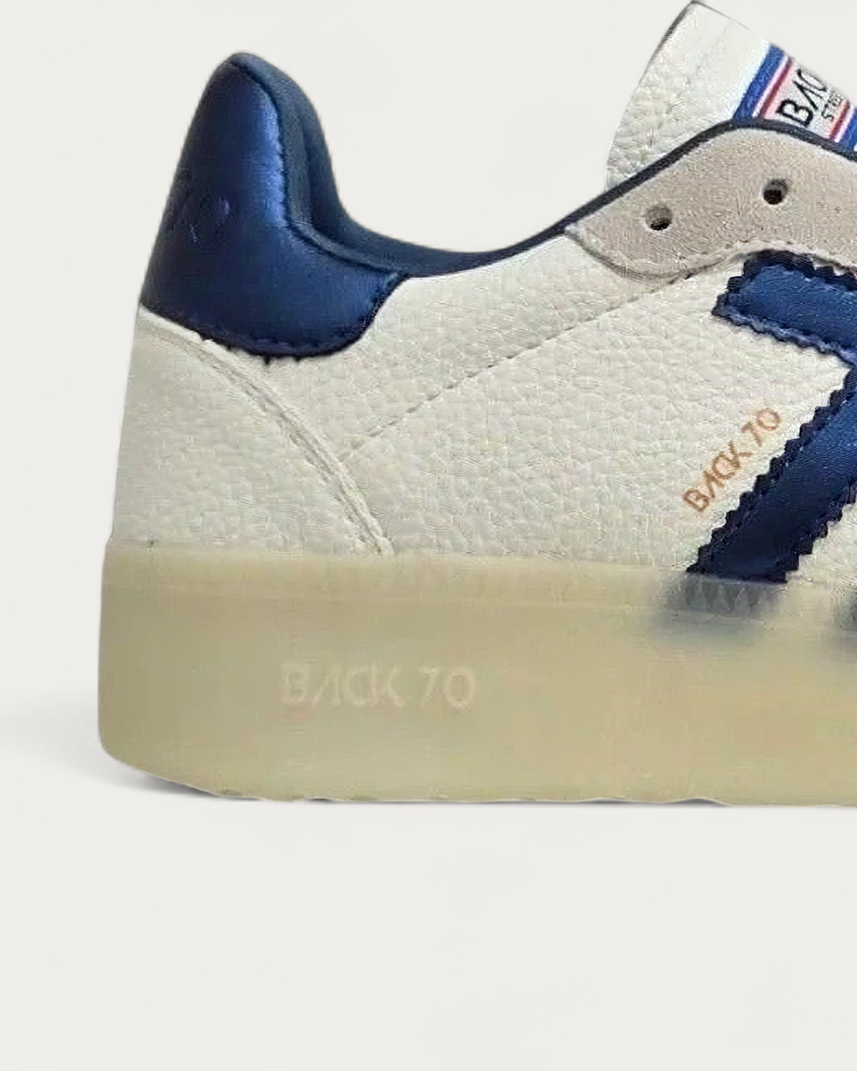 BACK70 Boston Ice White and Metallic Blue Sneaker, heel detail