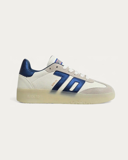 BACK70 Boston Ice White and Metallic Blue Sneaker, side profile