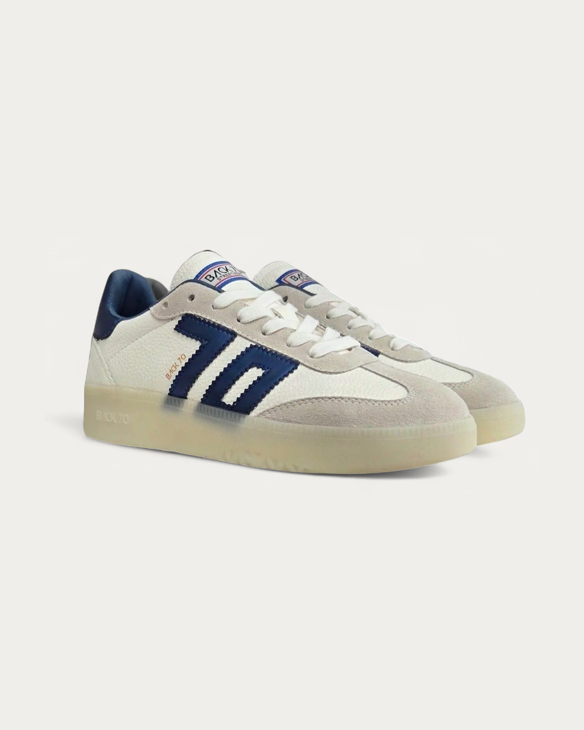 BACK70 Boston Ice White and Metallic Blue Sneaker, three-quarter view