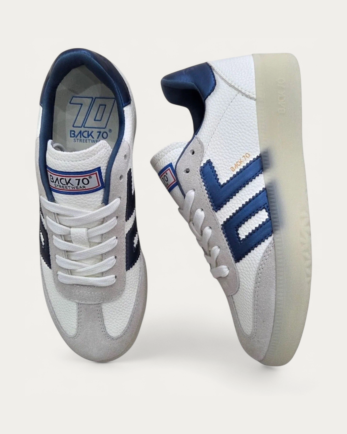 BACK70 Boston Ice White and Metallic Blue Sneaker, top view