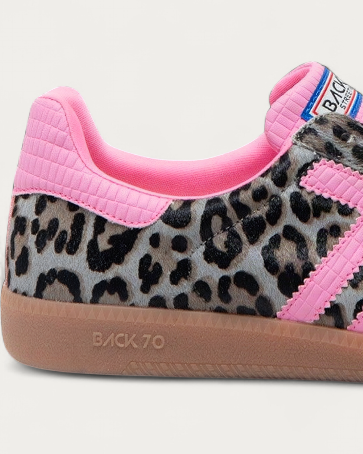 BACK70 Leo Pink Leopard Print Sneaker, heel detail