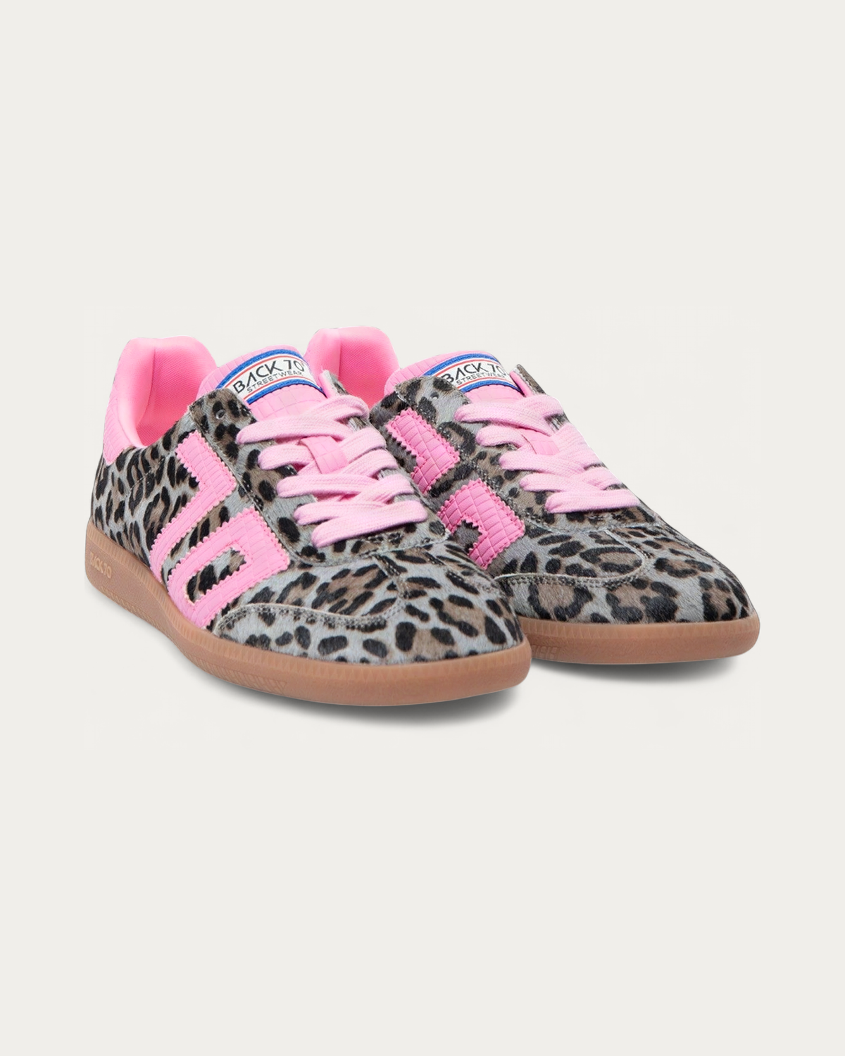 BACK70 Leo Pink Leopard Print Sneaker, three-quarter view