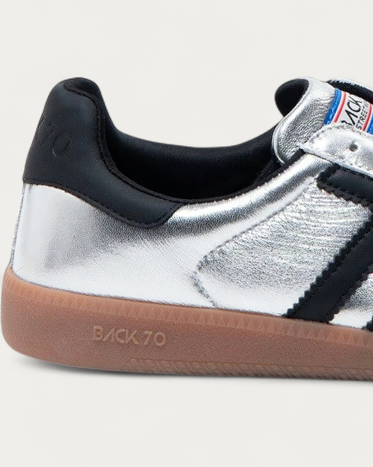 BACK70 Metallic Nappa Silver and Black Sneaker, heel detail