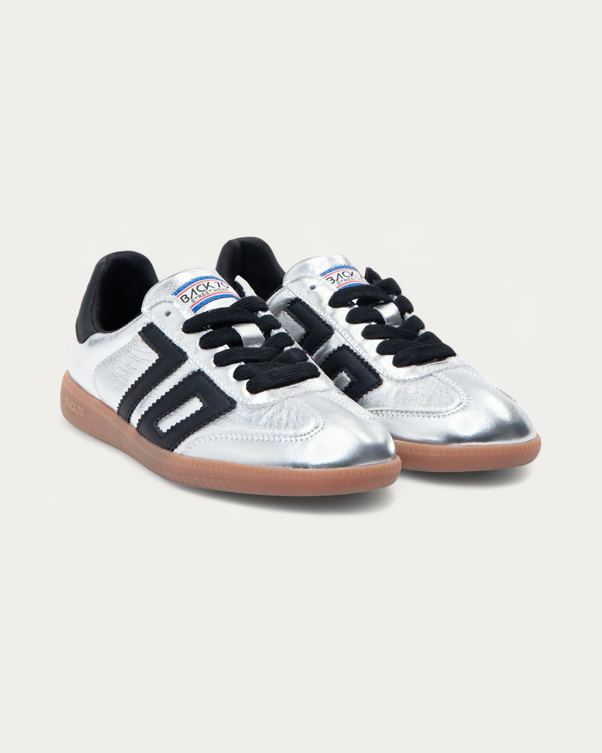 BACK70 Metallic Nappa Silver and Black Sneaker, three-quarter view