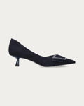 BiBi Lou Astra navy suede pointed-toe pump with kitten heel and buckle detail, side profile