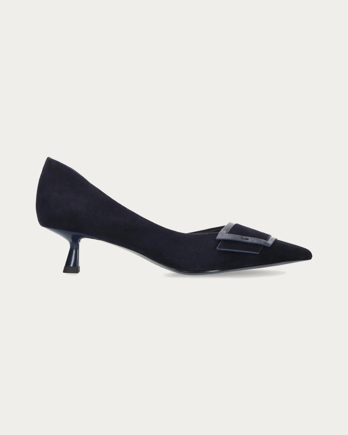 BiBi Lou Astra navy suede pointed-toe pump with kitten heel and buckle detail, side profile