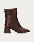 Bibi Lou burgundy leather block heel ankle boot with square toe and ankle strap, side profile