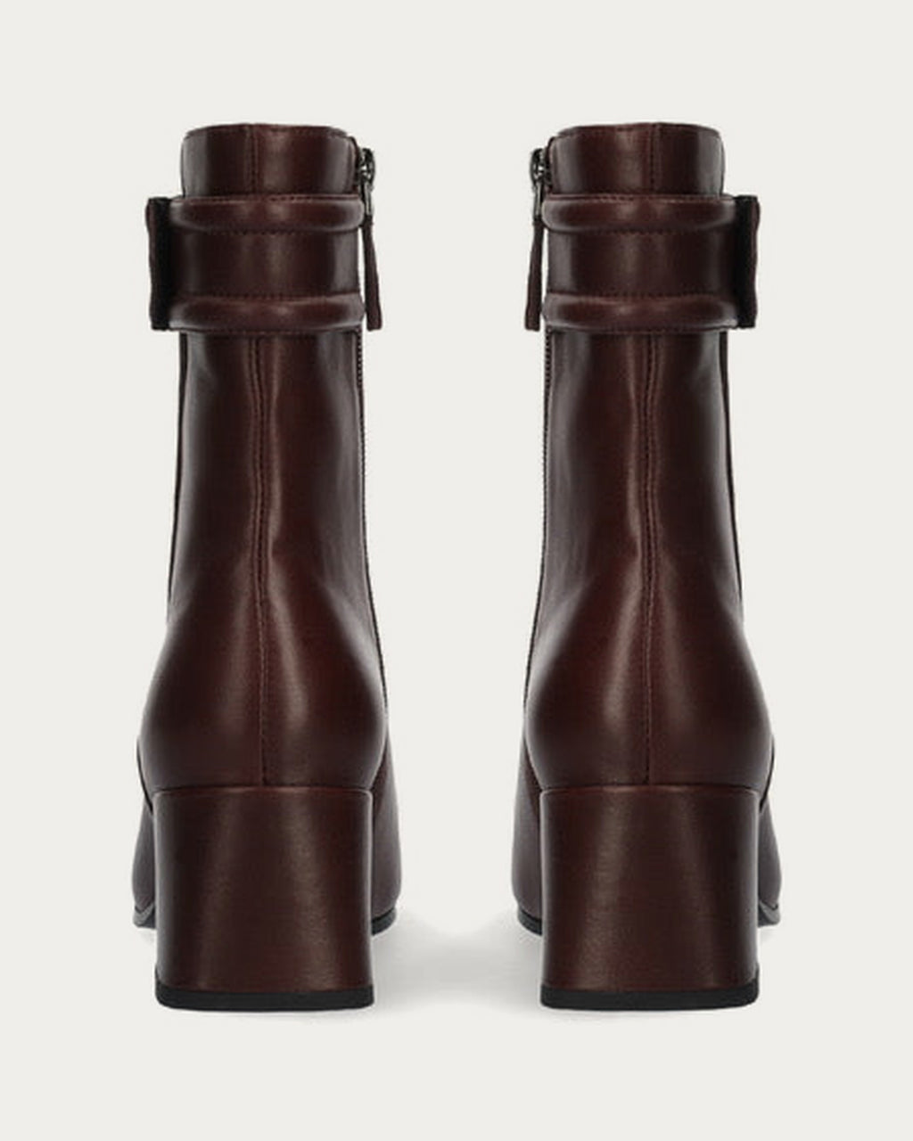 Pair of Bibi Lou burgundy leather block heel ankle boots with side zip, back view