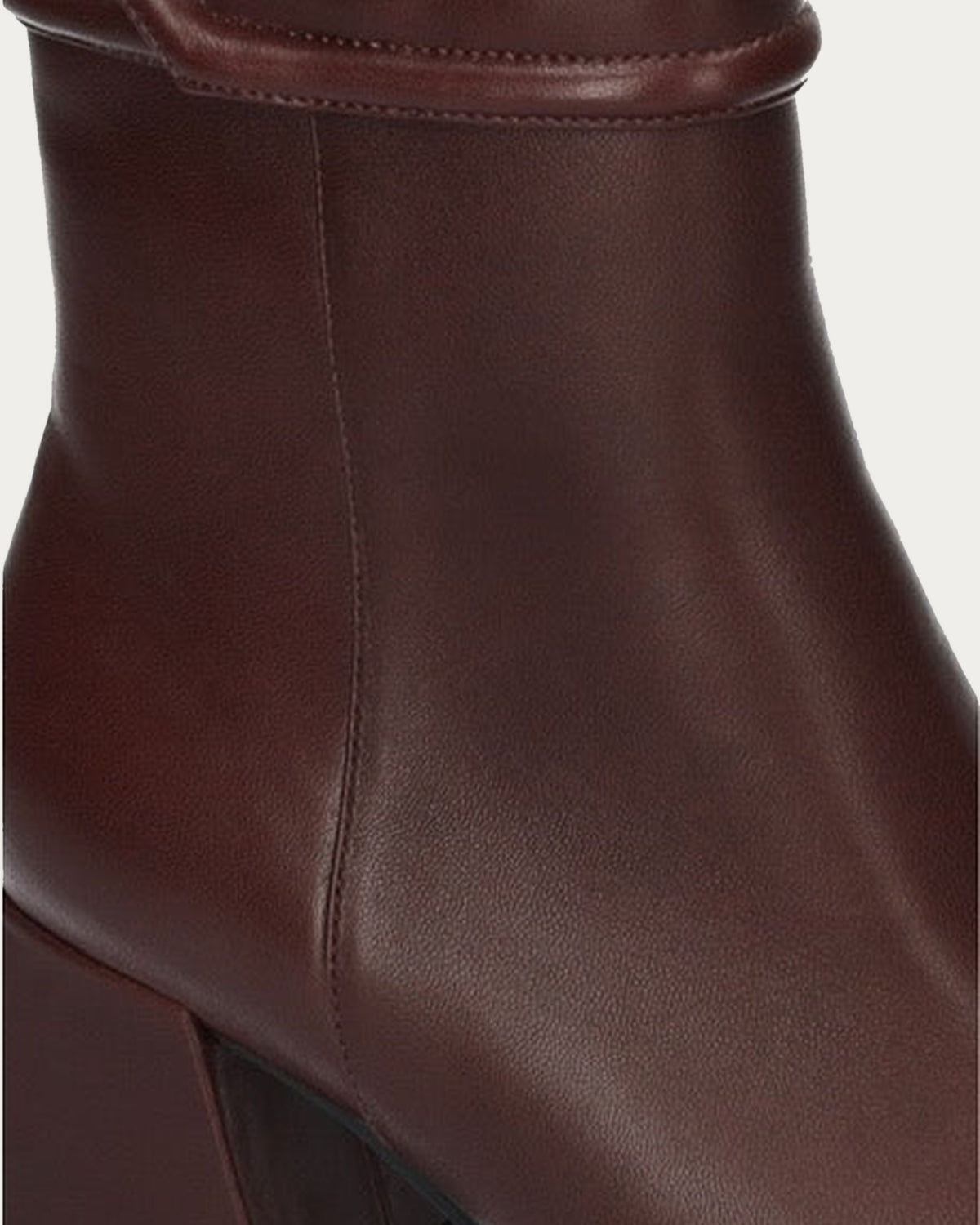 Close-up of the burgundy leather and ankle strap on the Bibi Lou block heel ankle boot