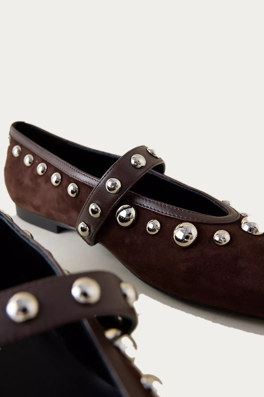 Bibi Lou Doria Ballerina In Brown Suede, close-up of the studded strap