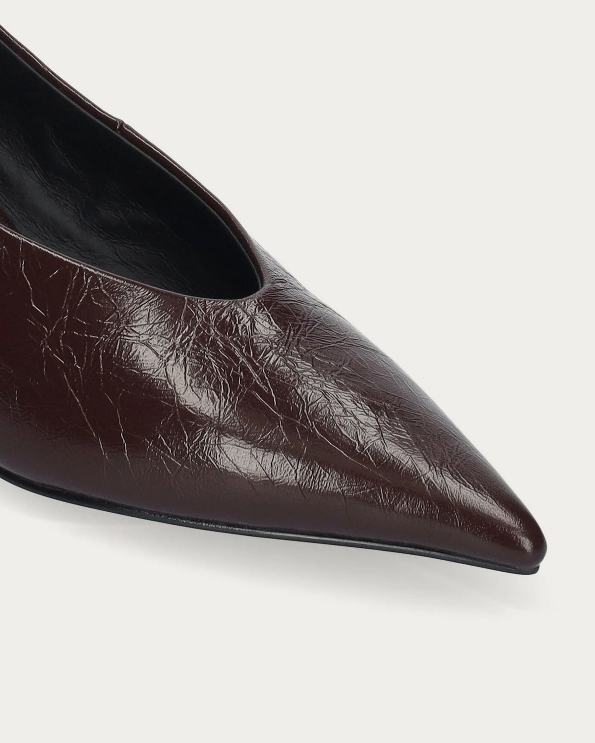 Bibi Lou Leather Court Shoe In Burgundy, close-up of the pointed toe