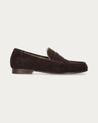 BiBi Lou Lyra brown crocodile-effect suede loafer with shearling lining, side profile