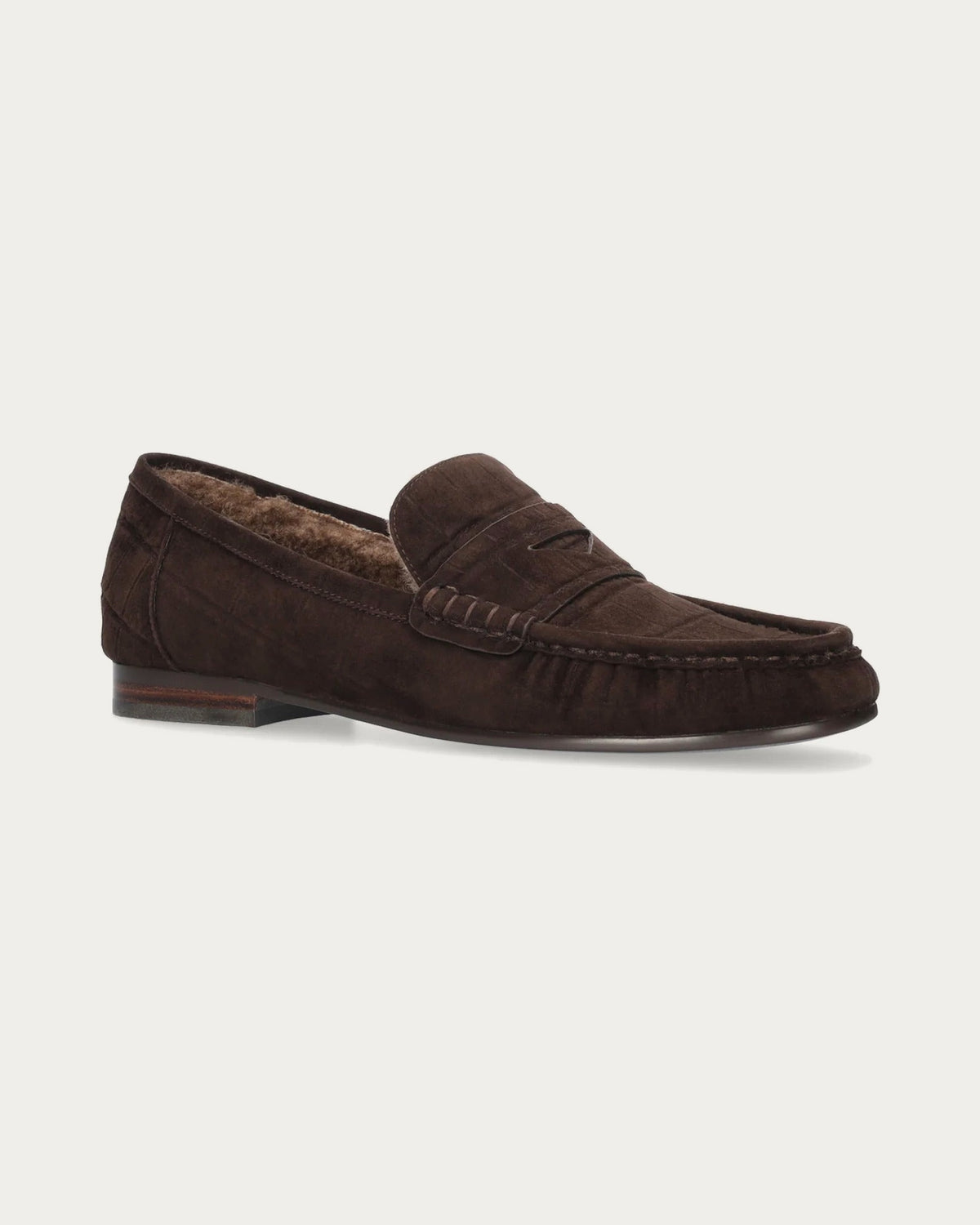 BiBi Lou Lyra brown suede loafer, angled view showing the shearling lining