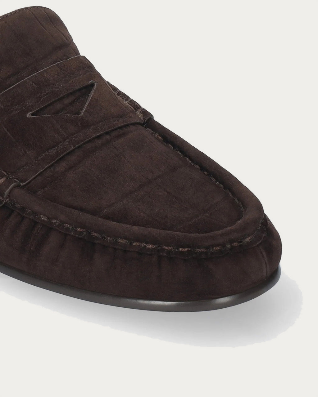 Close-up of the BiBi Lou Lyra loafer croc-effect suede toe and penny strap