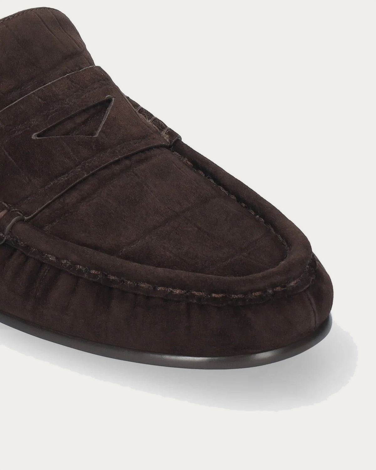 Close-up of the BiBi Lou Lyra loafer croc-effect suede toe and penny strap