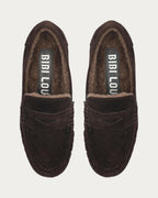 Pair of BiBi Lou Lyra brown suede loafers from above with shearling lining
