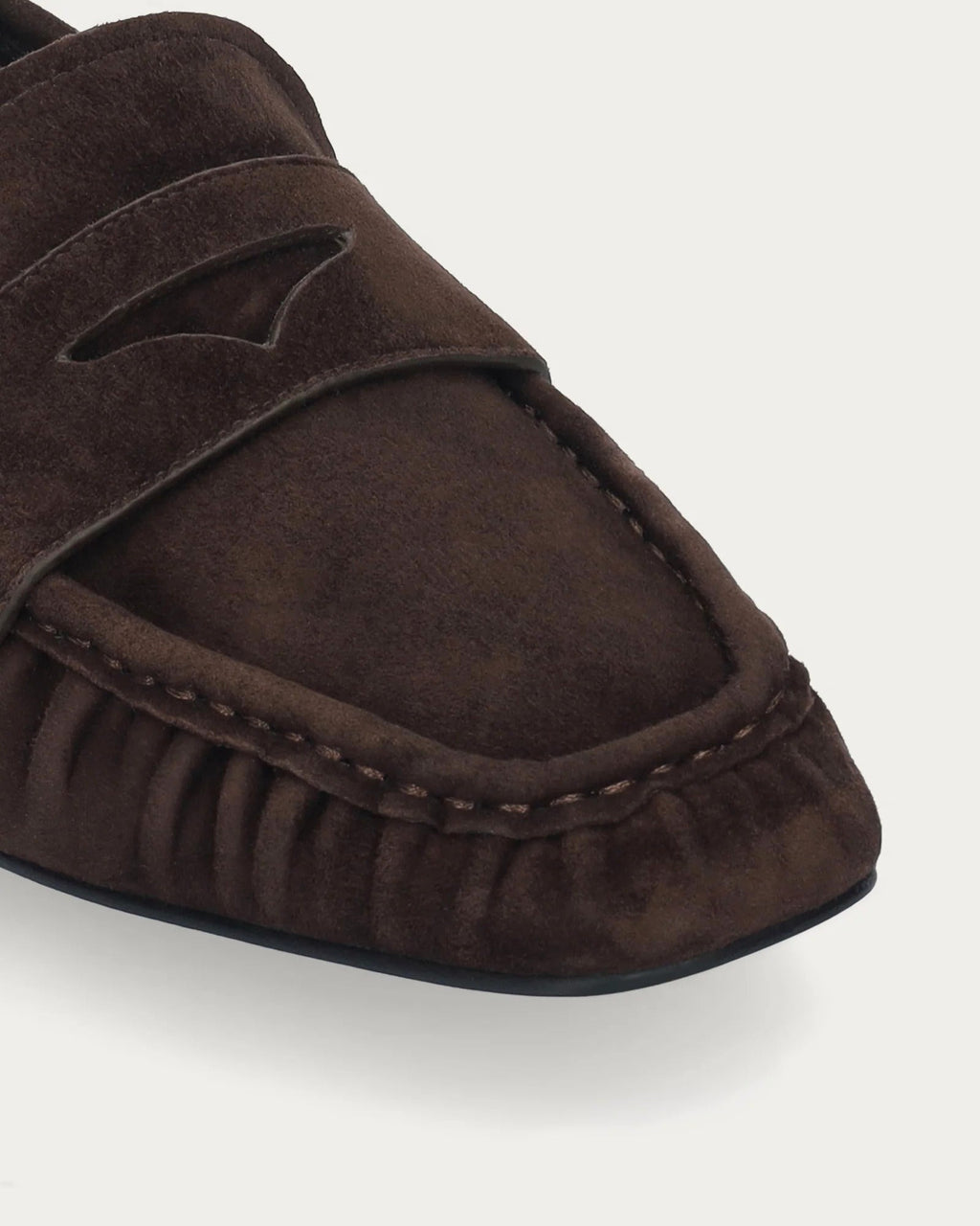 Bibi Lou Lyra Loafer In Brown Suede, close-up of the stitched toe