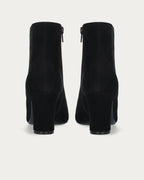 Back view of the Bibi Lou Saint Ankle Boots In Black Suede showing the side zips and block heels
