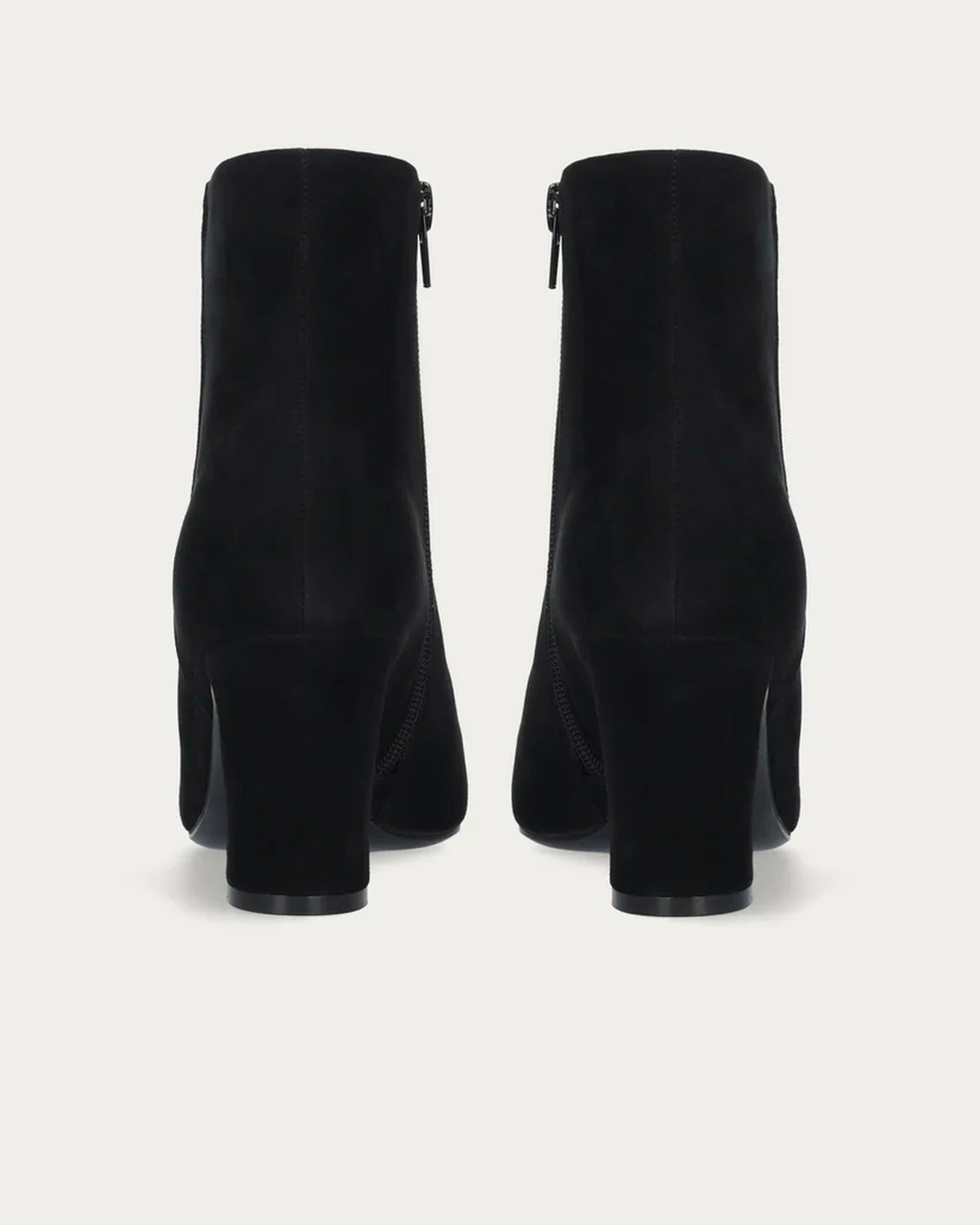 Back view of the Bibi Lou Saint Ankle Boots In Black Suede showing the side zips and block heels