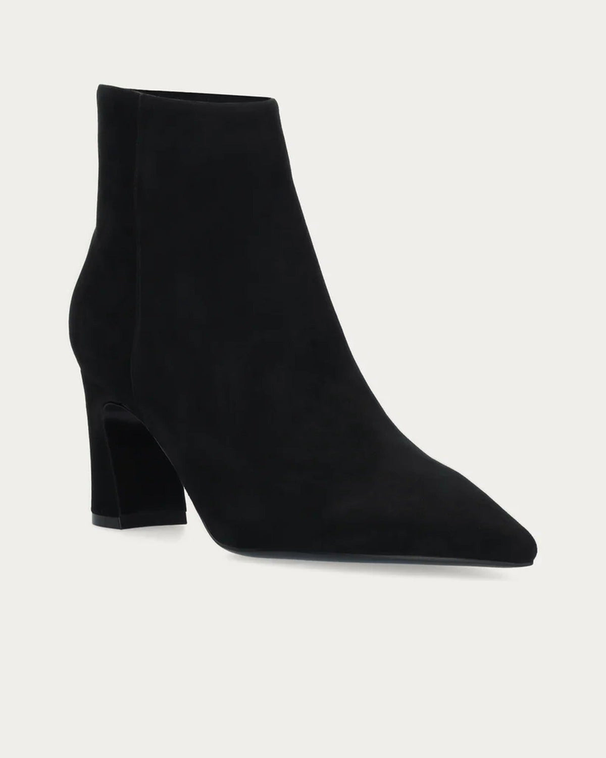 Bibi Lou Saint Ankle Boot In Black Suede, three-quarter view showing the block heel