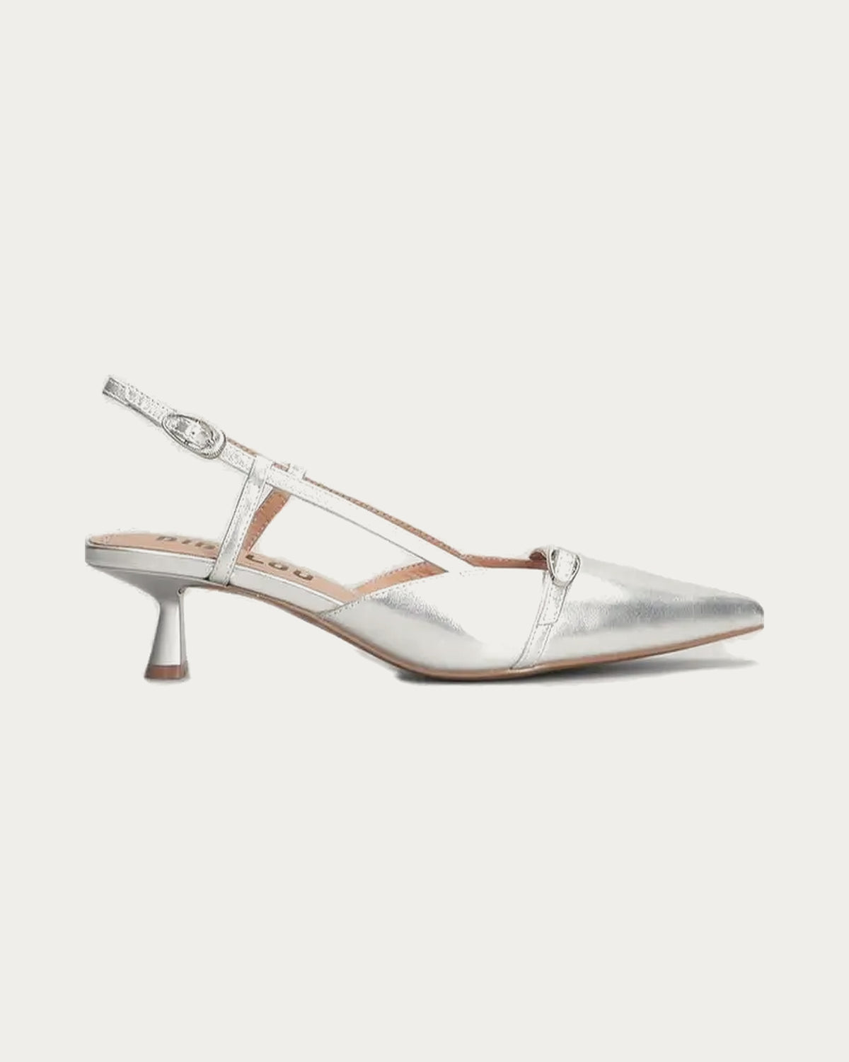 Bibi Lou silver leather slingback pump with kitten heel and buckle strap, side profile