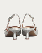 Pair of Bibi Lou silver leather slingback pumps with kitten heel, back view