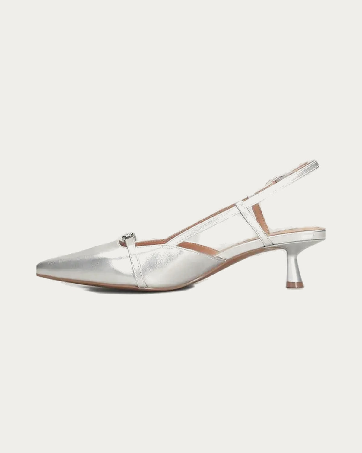 Bibi Lou silver leather slingback pump with pointed toe and buckle detail, inner side view
