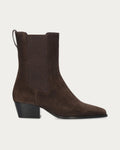 BiBi Lou Spinel brown suede ankle boot with block heel and elastic side panel, side profile
