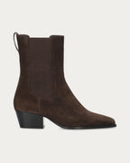 BiBi Lou Spinel brown suede ankle boot with block heel and elastic side panel, side profile