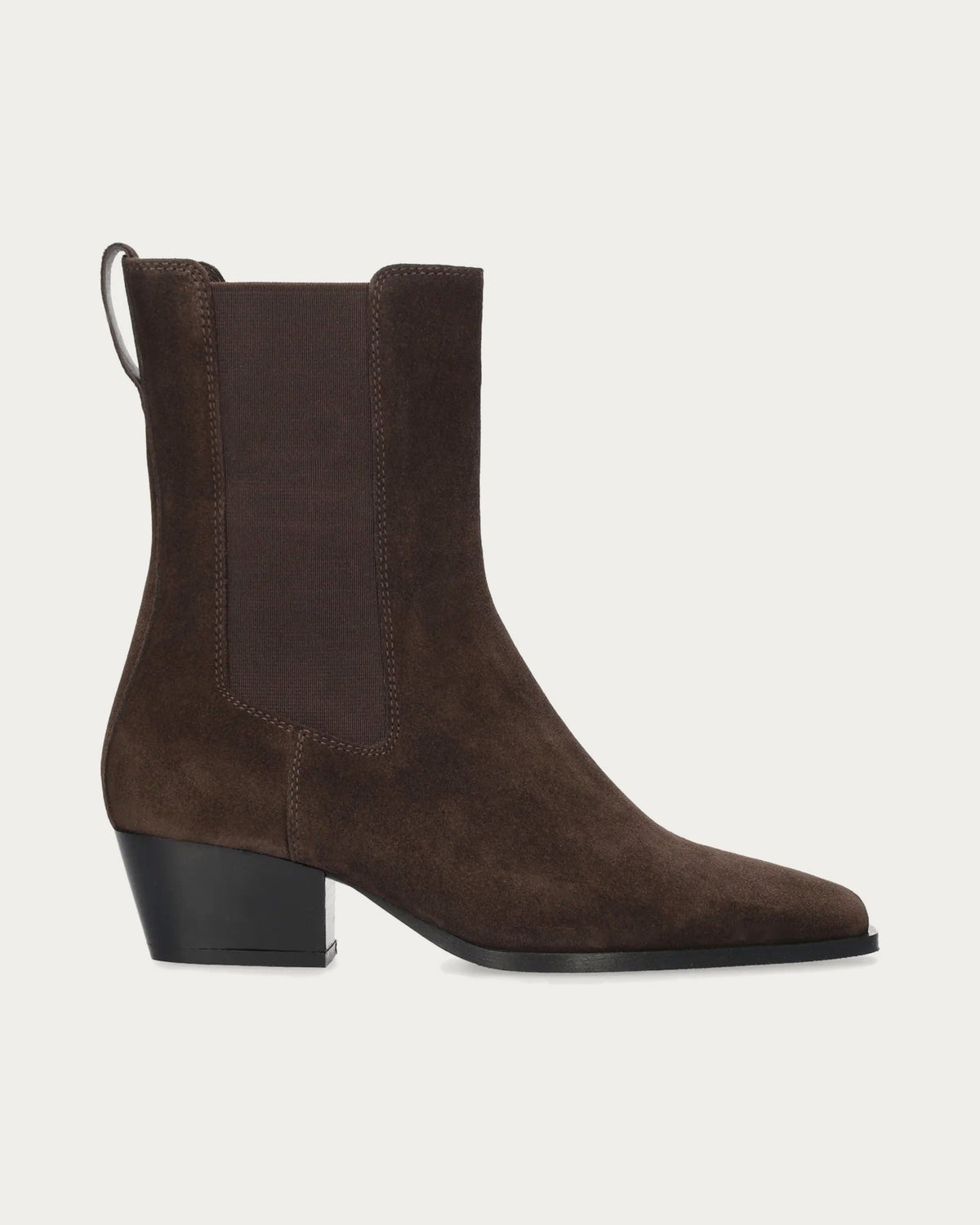BiBi Lou Spinel brown suede ankle boot with block heel and elastic side panel, side profile