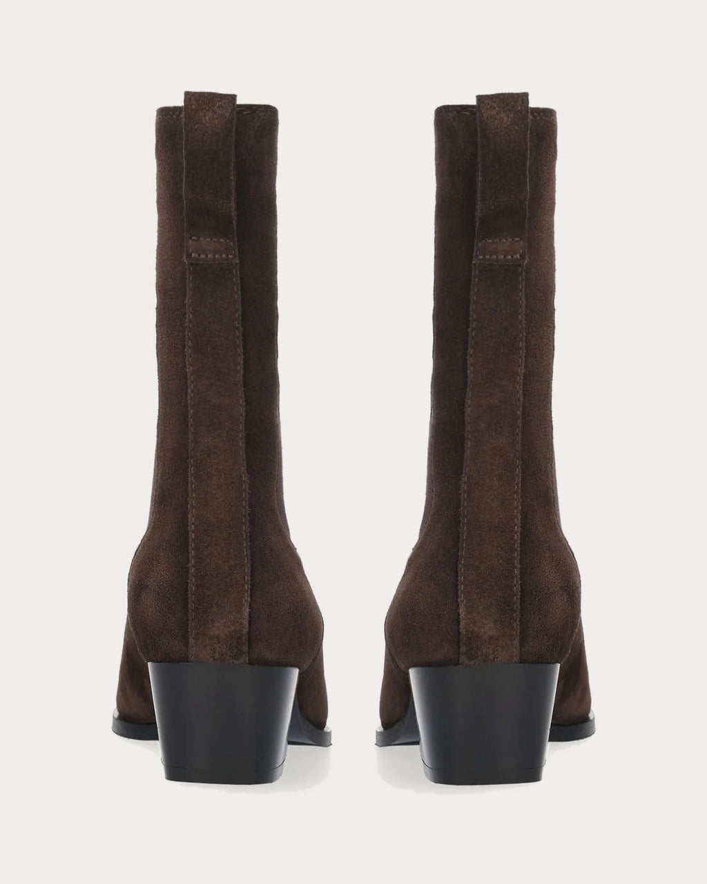 Pair of BiBi Lou Spinel brown suede ankle boots from behind showing the block heel