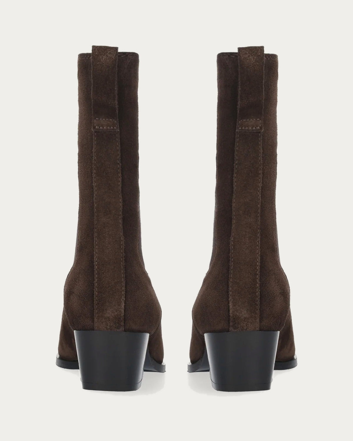 Pair of BiBi Lou Spinel brown suede ankle boots from behind showing the block heel