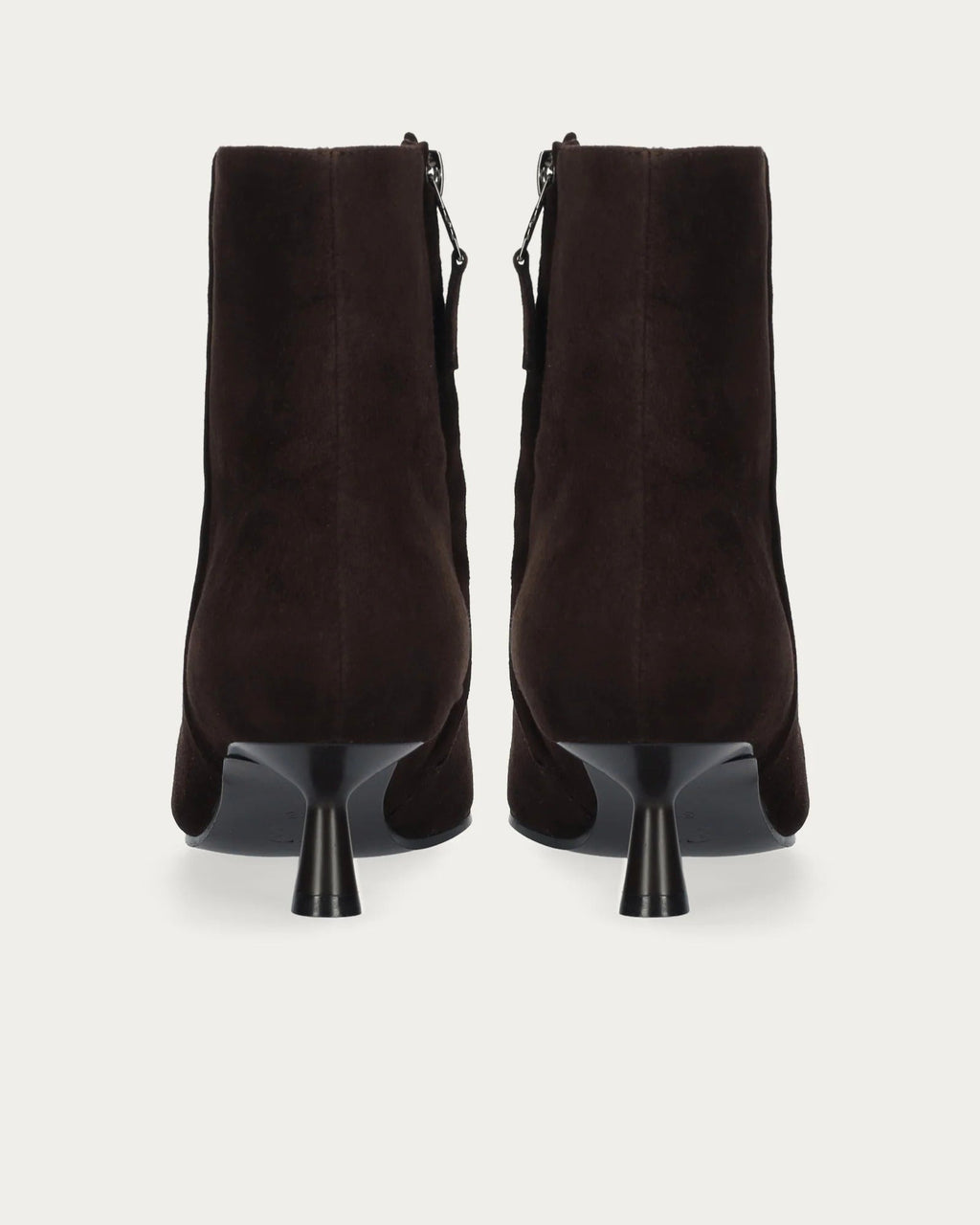Bibi Lou Suede Ankle Boot In Marron, back view with side zip and stiletto heel