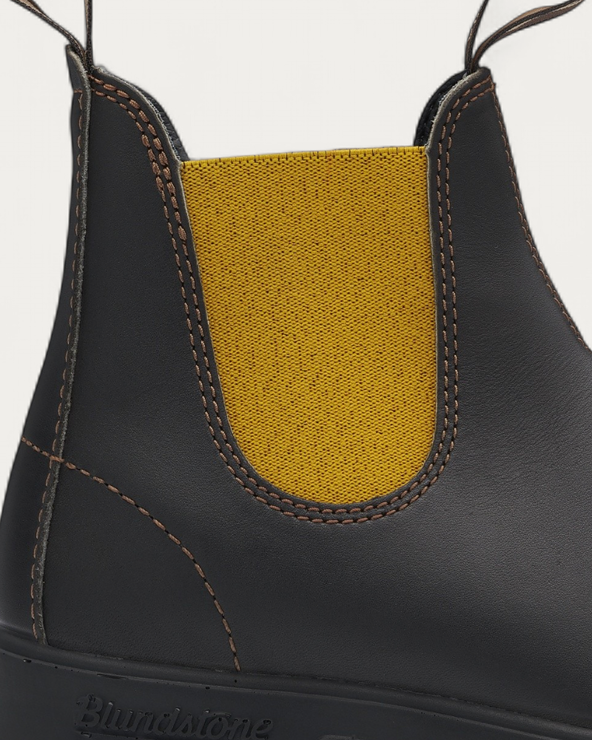 Blundstone 1919 Brown with Mustard Chelsea Boot heel with embossed Blundstone logo and contrast stitching