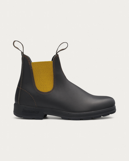 Blundstone 1919 Brown with Mustard Chelsea Boot, side profile showing mustard elastic gusset and brown leather upper