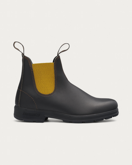 Blundstone 1919 Brown with Mustard Chelsea Boot, side profile showing mustard elastic gusset and brown leather upper