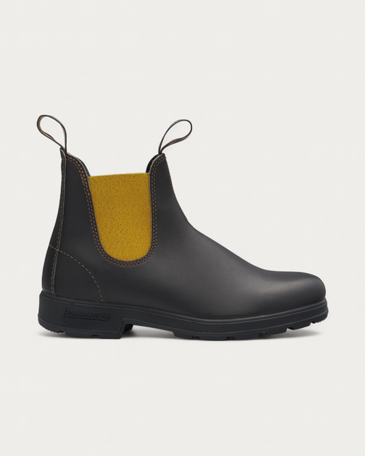Blundstone 1919 Brown with Mustard Chelsea Boot, side profile showing mustard elastic gusset and brown leather upper