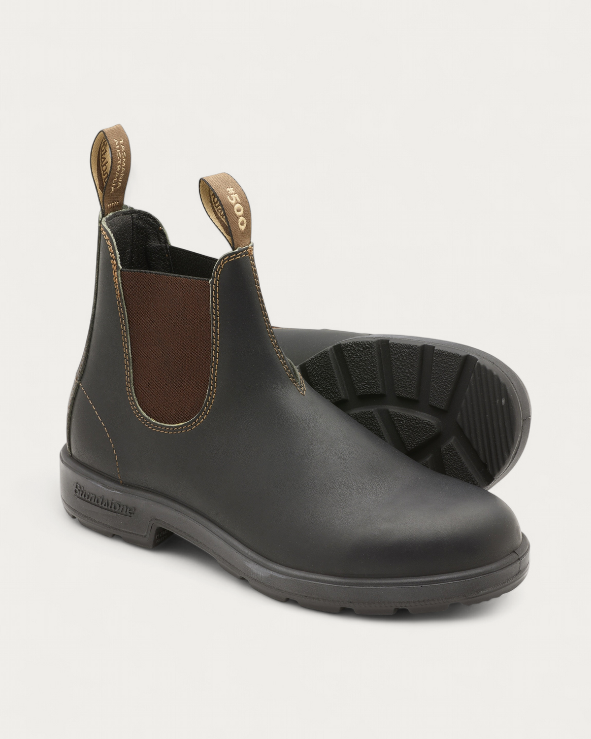 Pair of Blundstone 500 Brown Leather Chelsea Boots showing the outsole tread